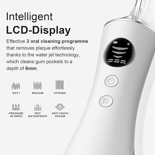 Water Dental Flosser for Teeth, Portable Cordless Water Flosser with 300ML Rechargeable with Type-C, IPX7 Waterproof Water Flossers for Adults with 3 Intensity Modes and 3 Flossing Tips Silver White