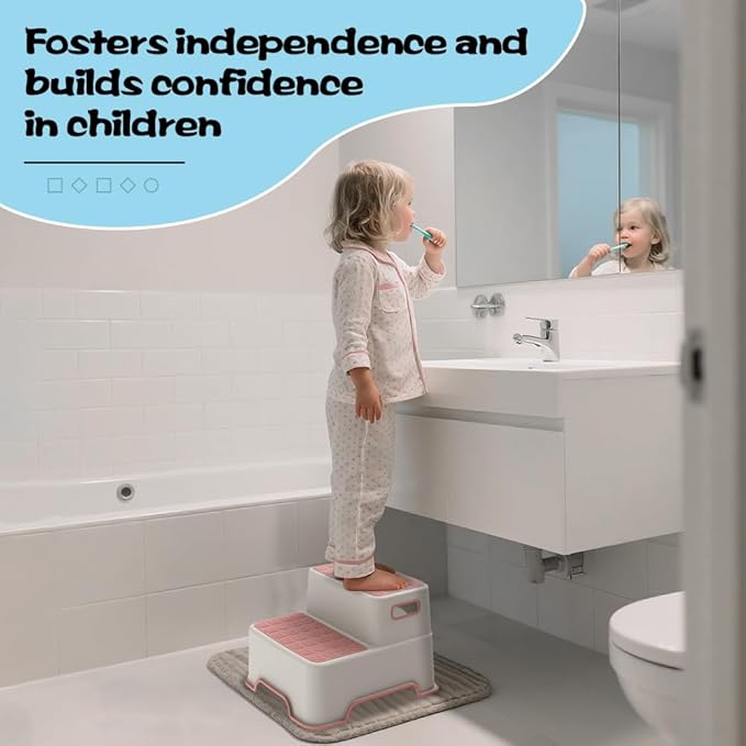 Toddler Step Stool for Bathroom Sink, 2 Pack Step Stool for Kids, Plastic Potty Training Toilet Stepping Stools, Child and Baby Lightweight&No-Slip Two Step Stools for Kitchen(Off-White/Pink)
