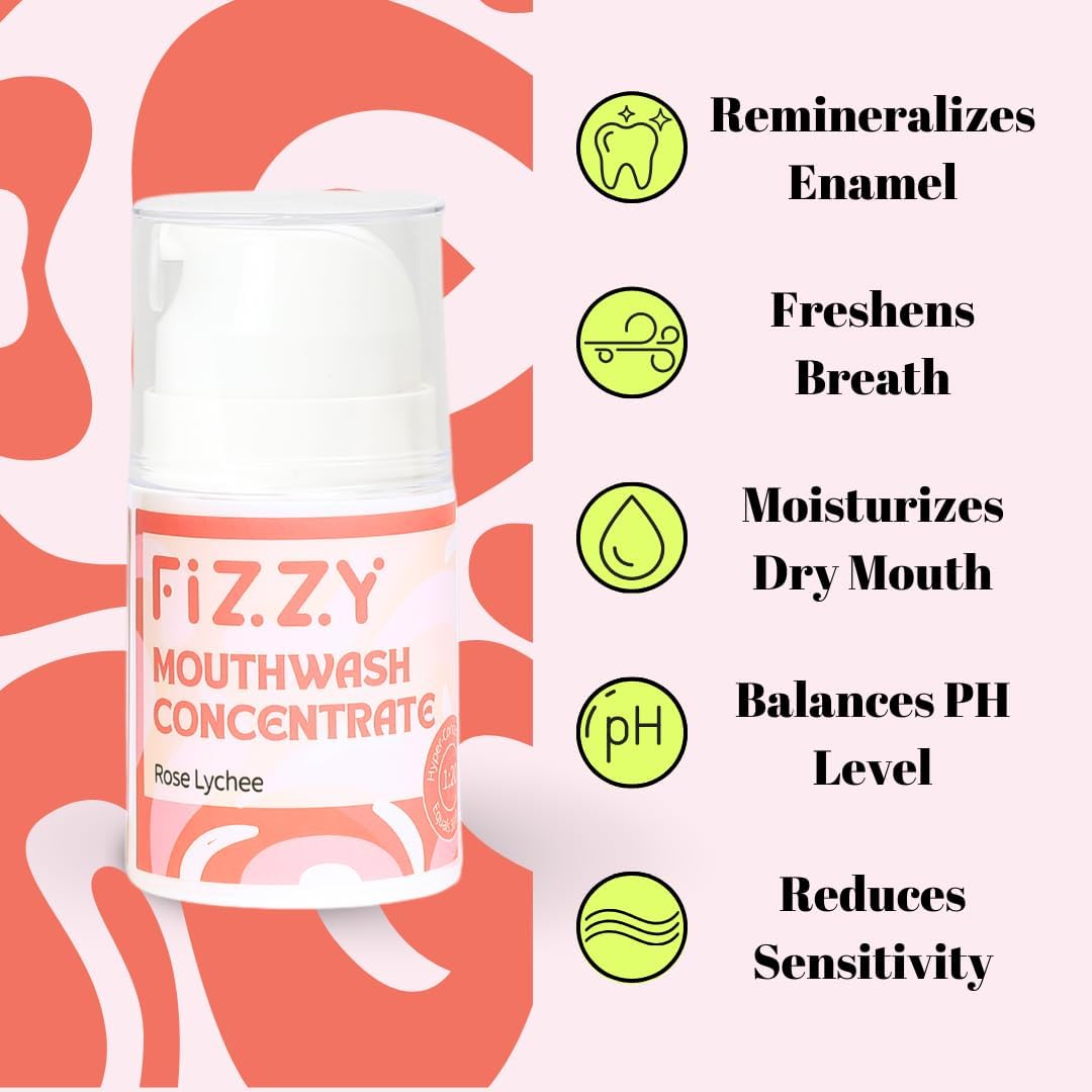 Fizzy Mouthwash Concentrate | Remineralizing Enamel Repair, Nano Hydroxyapatite | 20X Concentrated Travel Size | No Fluoride, Alcohol, Dye | Xylitol, Dry Mouth | Kids & Adults | Rose Lychee