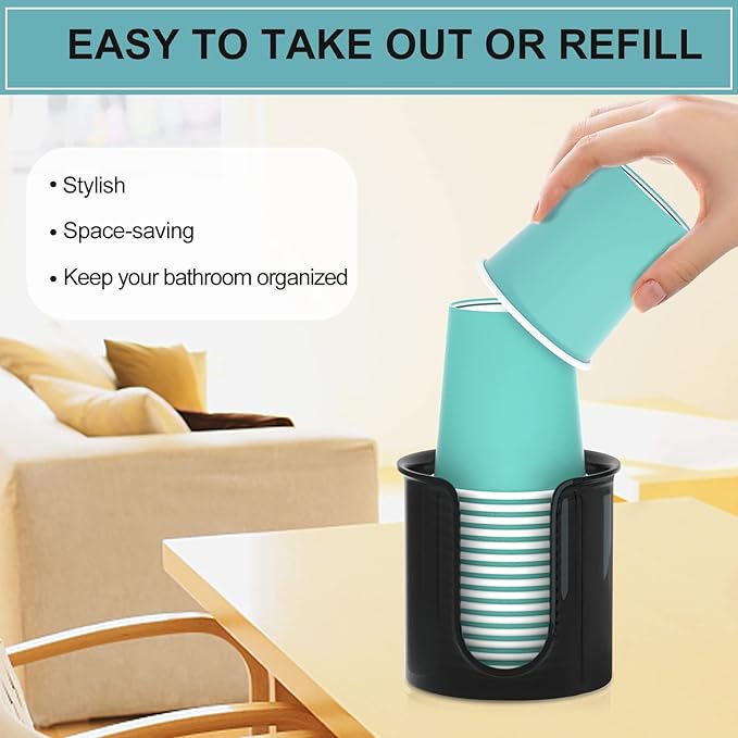 Bathroom Cup Holder - 2 Pack 3 oz Cup Dispenser for Bathroom Vanity Countertop - Small Paper Cup Dispenser for Mouthwash Cups & 3oz Bathroom Cups（Black）