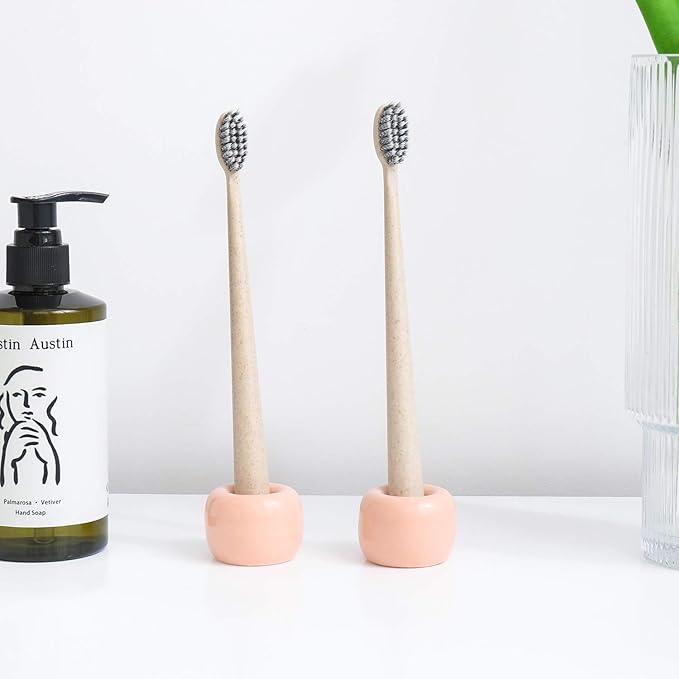 AirMoon Mini Ceramic Toothbrush Holder for Bathroom - Peach Small Countertop Organizer, Easy Clean Toothbrush Stand, Suit for Electric Toothbrush Head, Pens & Coffee Spoon, Pack of 2