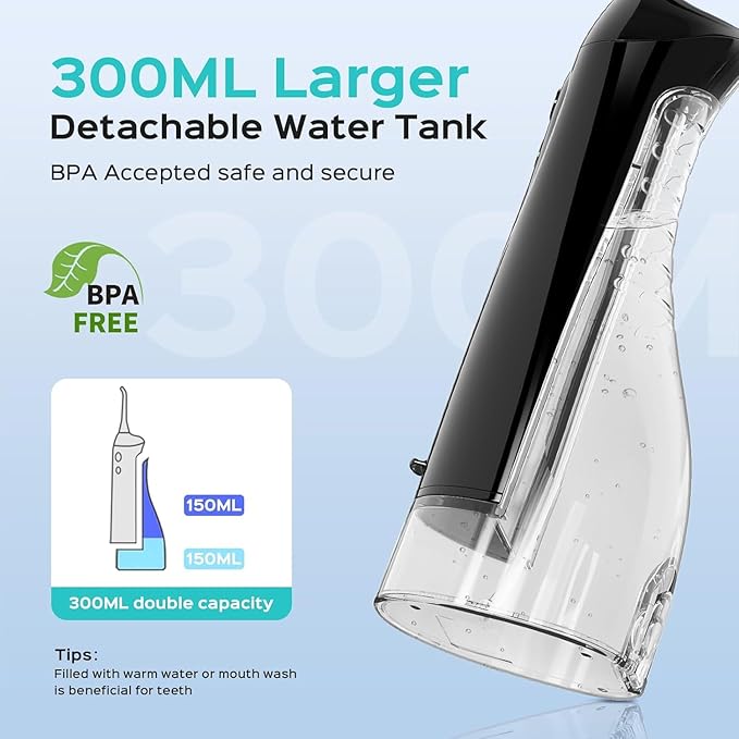 COSLUS Water Flosser Dental Pick: 300ML Oral Irrigator for Teeth Cleaning, Orthodontic, Braces & Sensitive Gums, Cordless Portable for Travel, IPX7 Waterproof, for Adults Teens Family Use, with 4 Tips