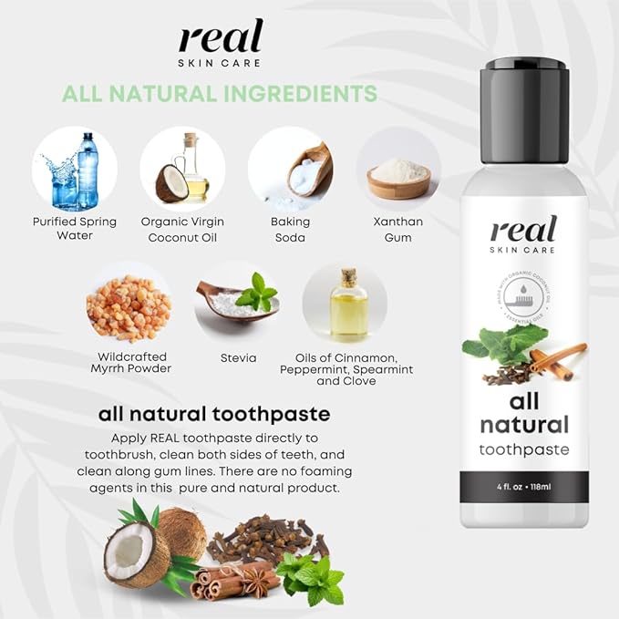 Real Skin Care Coconut Toothpaste | Handmade in USA | All Natural Organic Fluoride Free Toothpaste for Healthy Smiles | Flavored with Essential Oils for Adults & Kids