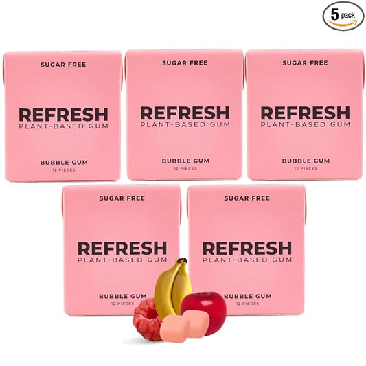 Refresh Gum, Xylitol, Natural, Sugar Free, Chewing Gum, Plastic Free, Natural Flavors & Organic Ingredients, Non GMO, Gluten Free, Vegan, 12 Count (Pack of 5), Bubble Gum