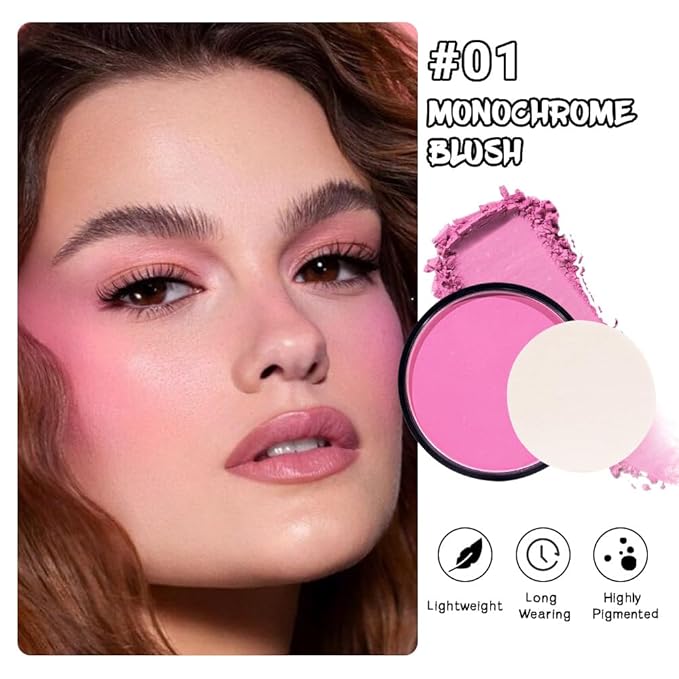 Natural Single Matte for Face Cheeks Blush with Makeup Powder Puff, Rose Pink Monochrome Blush Cream Powder Makeup Palette Blushes Long-lasting Color Blendable Foundation for Women Every Day 01