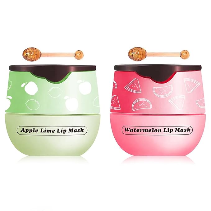 2 Packs Apple & Watermelon Lip Balm Honey Pot, Vitamin E Lip Masks & Moisturizing Propolis Sleeping Lip Mask, Effective Reduces Lip Lines Prevention Dry Lip Care