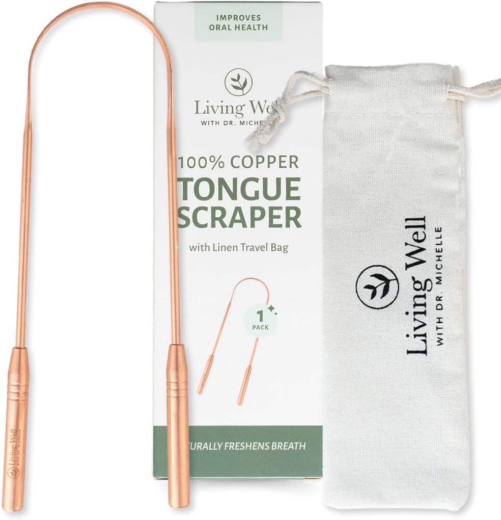 Living Well with Dr. Michelle Copper Tongue Scraper - Premium Metal Tongue Cleaner for Adults & Kids - Eliminate Bad Breath & Enhance Oral Hygiene - Includes Travel Bag