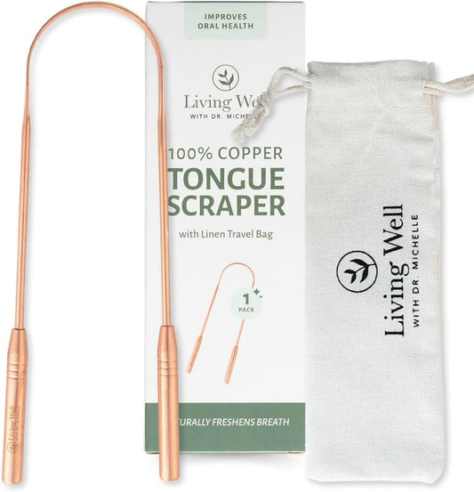 Living Well with Dr. Michelle Copper Tongue Scraper - Premium Metal Tongue Cleaner for Adults & Kids - Eliminate Bad Breath & Enhance Oral Hygiene - Includes Travel Bag