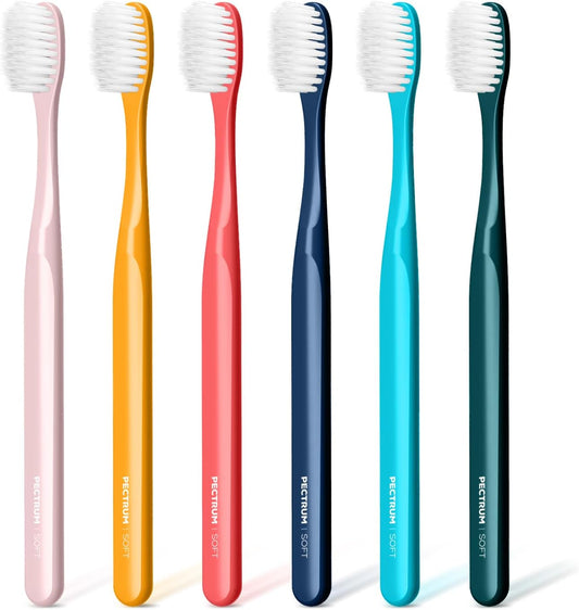 Medium Manual Toothbrush Pack, 6 Count, Deep Cleaning Flossing Toothbrushes for Sensitive Teeth & Receding Gums, Tapered Bristles for Adults & Elders, Help Plaque Removal, Assorted Colors
