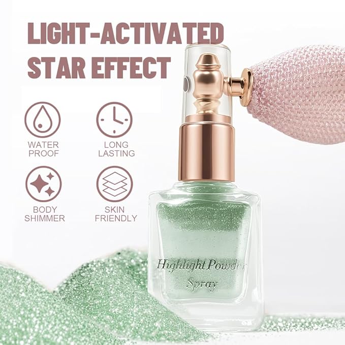 Mint Highlighter Spray, Professional Shiny Glitter Spray for Eyeshadow Face and Body Luminizers, Loose Shimmer Powder Makeup Mist for Women Kid Rave Outfits Festival Accessories