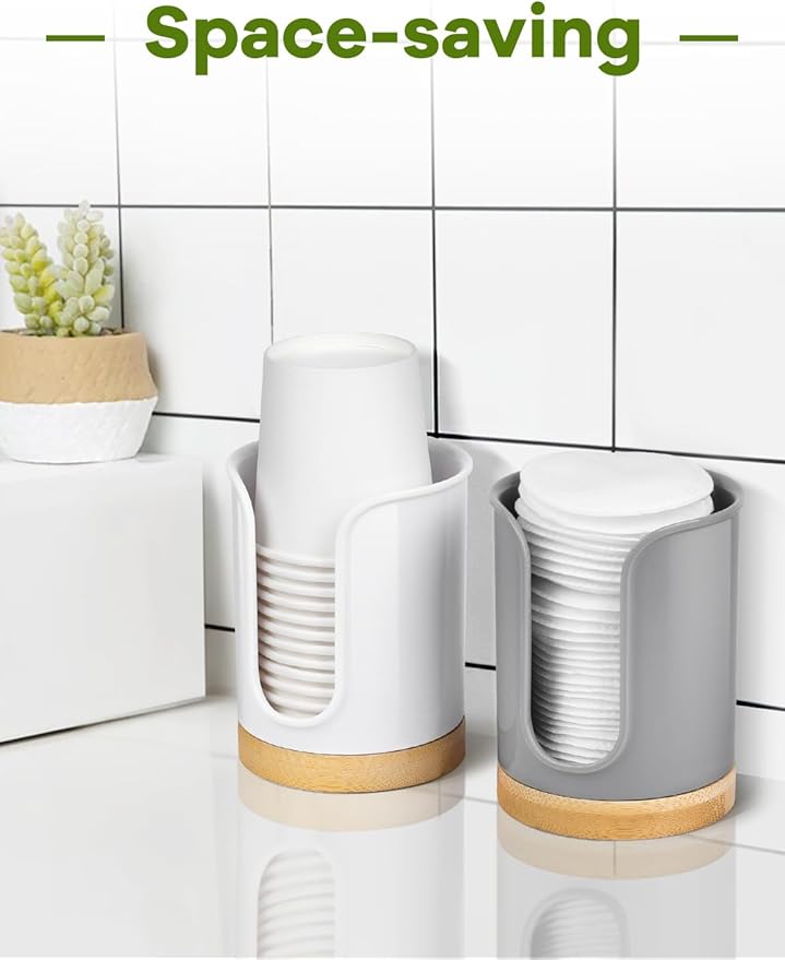Bathroom Cup Dispenser Countertop - Cup Holder for Dixie 5 6 oz Cups, Guest Bathroom Essentials Vanity Organizer - PC/Bamboo, White, Pack of 1