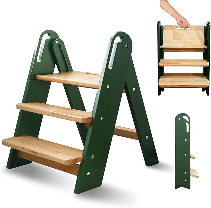 Step Stool for Toddler, 3-Step Kids Step Stool for Bathroom Sink, Foldable Toilet Potty Training Stool with Handles, Child Kitchen Counter Stool Helper Wooden Ladder for Toddlers (Green)