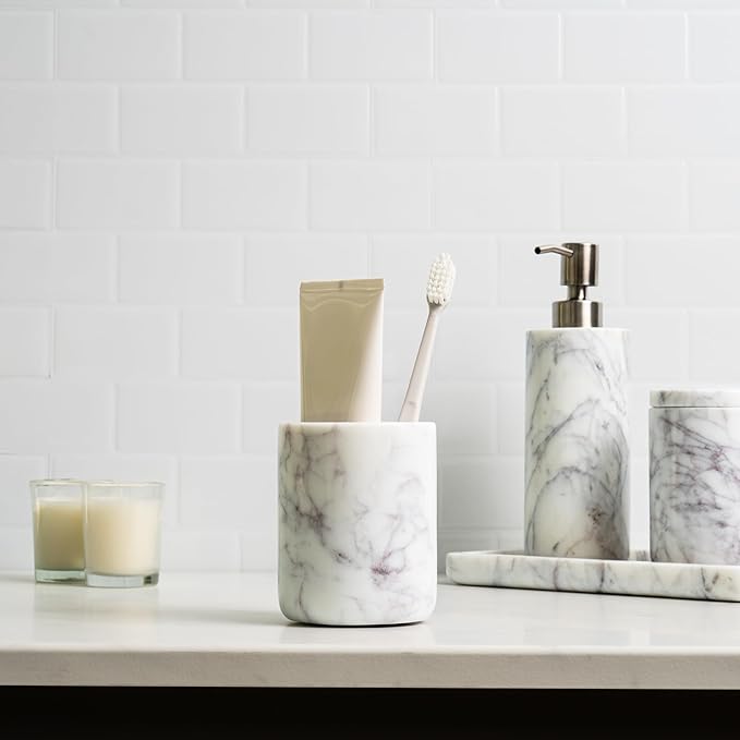 Cork & Mill Marble Toothbrush Holder Cup for Bathroom, Real White Marble Stone Bathroom Accessory, Aesthetic Decorative Countertop Organizer for Tooth Brush & Toothpaste