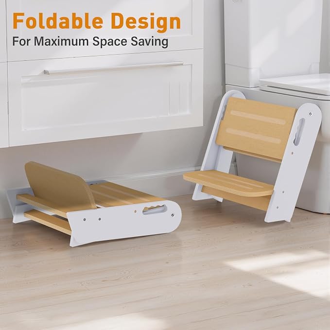 Toddler Step Stool, Wooden Height-Adjustable 2 Step Stool for Kids, 2 in 1 Potty Training Stool with Safety Handles Non-Slip Pads for Bathroom Sink, Kitchen, Bedroom (White, Foldable)