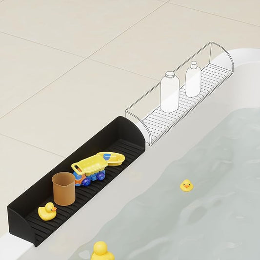 Bathtub Splash Guard for Tub - Silicone Tub Water Splash Guard with 4 Suction Cups, Bath Toy Tray Holder, Tub Shelf for Kids, Bathroom Accessories for Children, Toddler & Baby Bath, 1Pack, Black