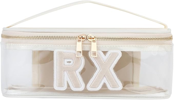 Clear Waterproof MEDS RX Makeup Bag，Transparent PVC Letter Patch medication travel case with Handle and Zipper, Portable Meds First Aid Travel Organizer Cosmetic Bag(04 Beige RX)