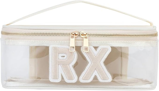 Clear Waterproof MEDS RX Makeup Bag，Transparent PVC Letter Patch medication travel case with Handle and Zipper, Portable Meds First Aid Travel Organizer Cosmetic Bag(04 Beige RX)