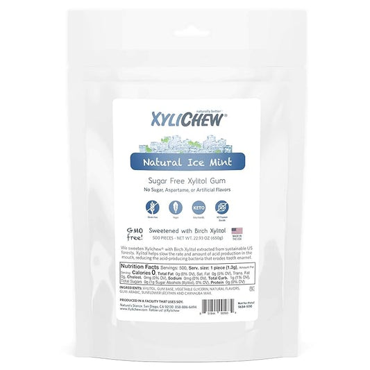 Xylichew 100% Xylitol Chewing Gum - Non GMO, Non Aspartame, Gluten Free, and Sugar Free Gum - Natural Oral Care, Relieves Bad Breath and Dry Mouth - Ice Mint, 500 Count