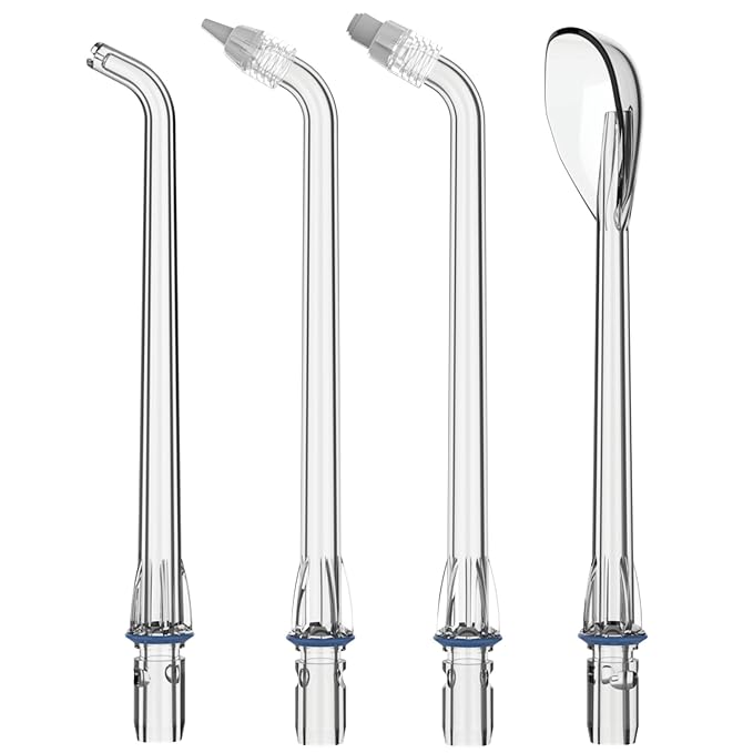 Replacement Tips for B0BTQT6PST HealthSmart Compact Cordless Water Flosser, 4 Pack, Includes (1) Standard, (1) Orthodontic, (1) Tongue Cleaner, (1) Periodontal Replacement