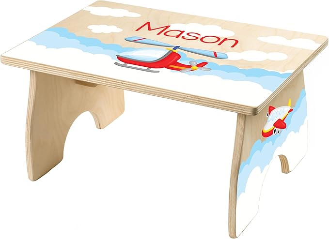 Airplane Step Stool for Toddlers- Personalized Wood Kids Step Stool with Name for Kitchen Sink, Bathroom, Potty Training, Toilet, Kitchen Sink- Sturdy and Safe- Made in USA by BloomOwl (Airplane)