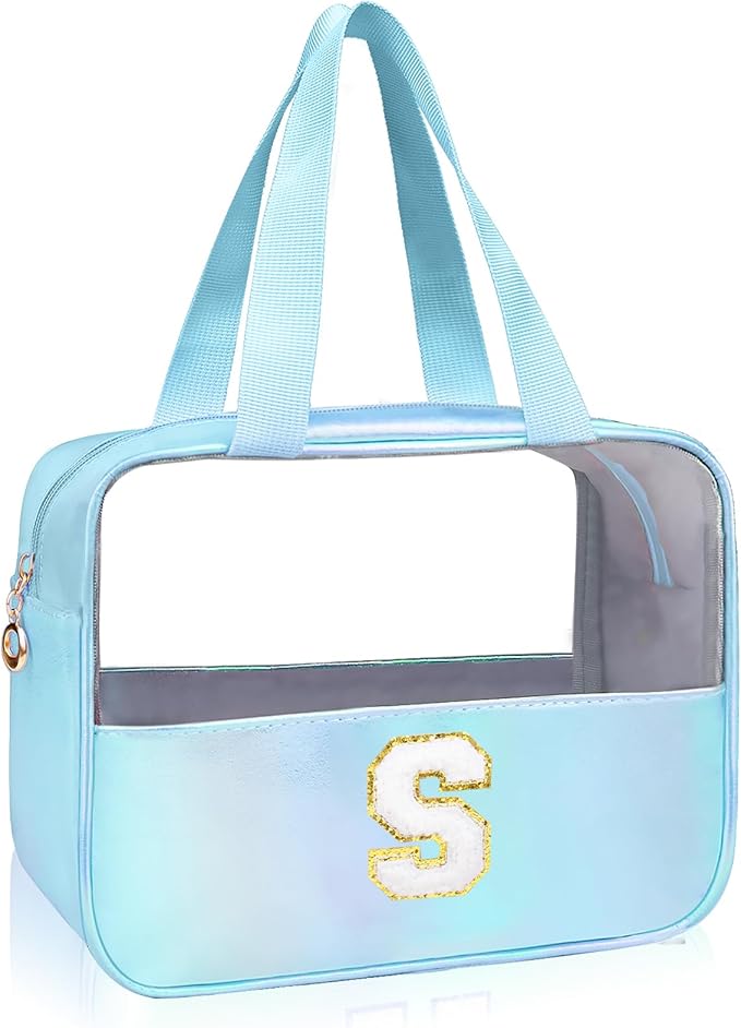Personalized Initial S Clear Blue Makeup Bag - Large Travel Toiletry Bag, Cute Cosmetic Organizer Set for Girlfriend, Teacher, Teen Girl Gifts