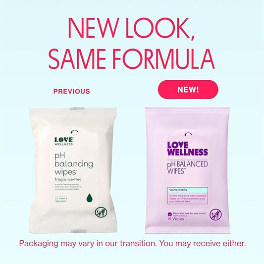 Love Wellness pH Balancing Wipes for Women | Fragrance-Free | Vulva Cleanser for Balanced pH, Intimate Health & Hygiene | Non-Irritating with Aloe Vera for Sensitive Skin | Travel Size | 3-Pack
