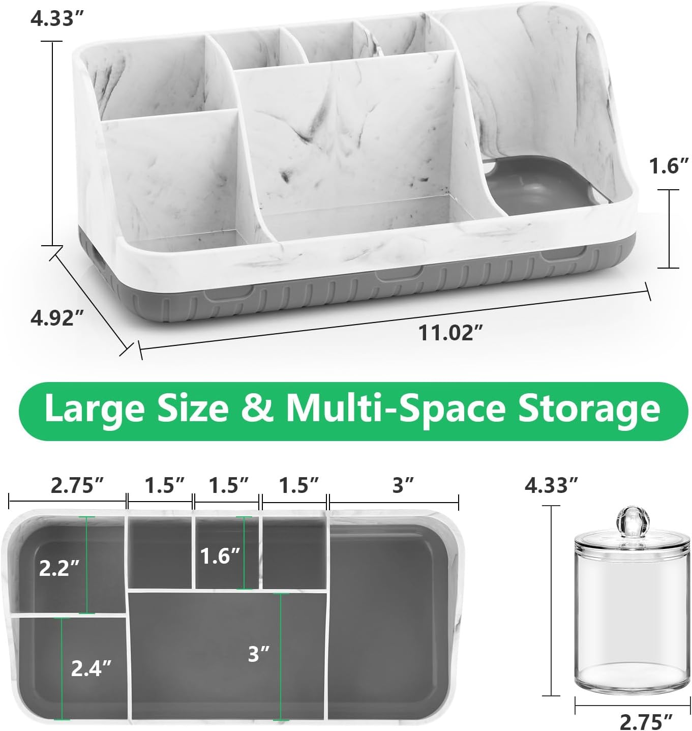 Bathroom Toothbrush Holder Set with 2 Pack Qtip Holder Dispenser - Detachable 7 Slots Bathroom Accessory Set, Kids Marble Bathroom Sink Counter Set, Bathroom Essentials Decor, Grey