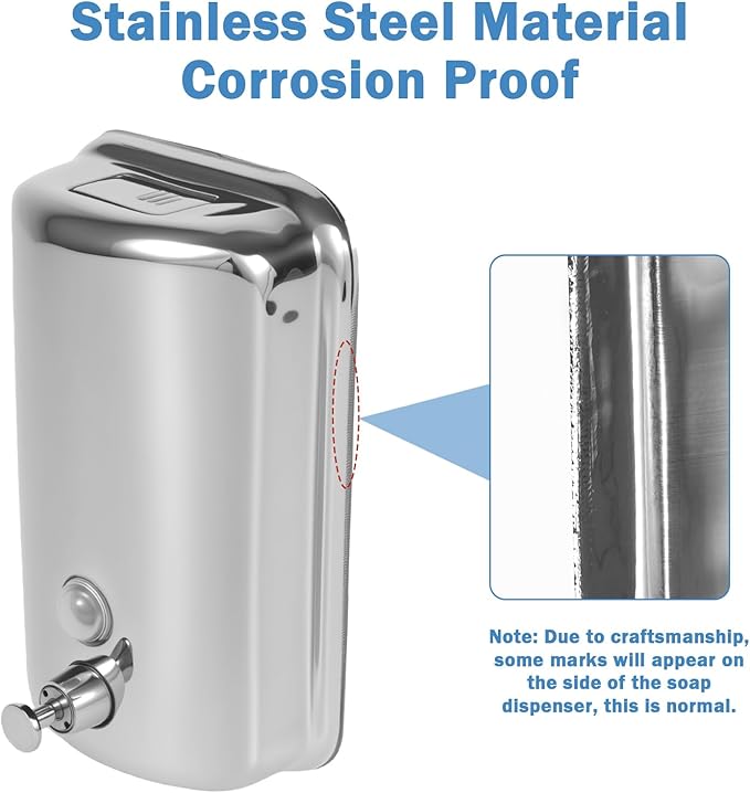 2 Pack 1000ml Hand Soap Dispenser, Commercial Soap Dispenser Wall Mounted, Stainless Steel Refillable Soap Liquid Dispenser for Bathrooms, Toilets, Hotels, Restaurants (Silver)