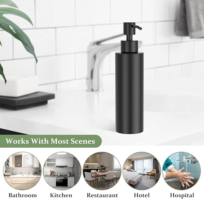 ARKTEK Matte Black Soap Dispenser Stainless Steel 11.8 OZ - Liquid Hand Lotion Dispenser Decor Refillable Dishwashing Soap Dispenser for Kitchen Bathroom Countertops