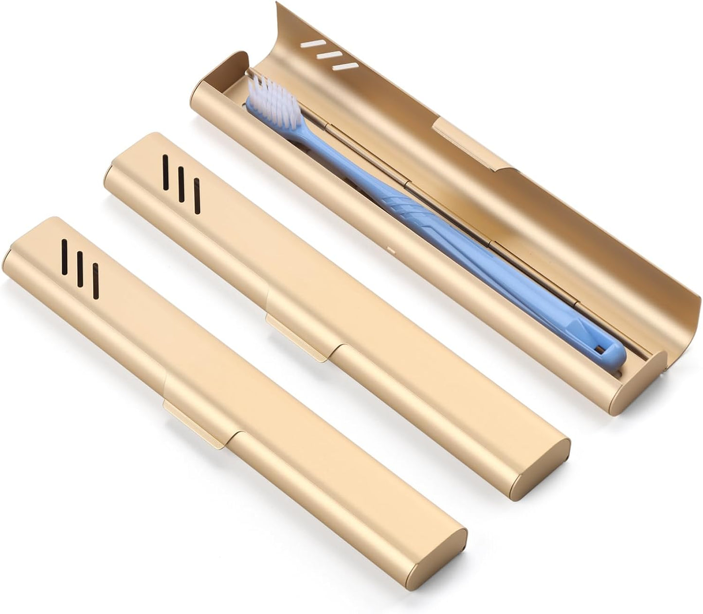 Travel Toothbrush Case, 2Pack Portable Toothbrush Holders, Durable Aluminum Toothbrush Storage Box, Small Breathable Manual Toothbrush Container for Traveling, Camping, Business Trip - Gold