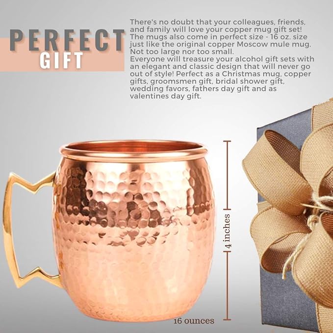 [Gift Set] Moscow Mule Copper Mugs Set of 6 (16oz) w/Straws & Jigger | 100% Pure Copper Cups, Tarnish-Resistant Food Grade Lacquered Finish, Ergonomic Handle (No Rivet) w/Solid Grip