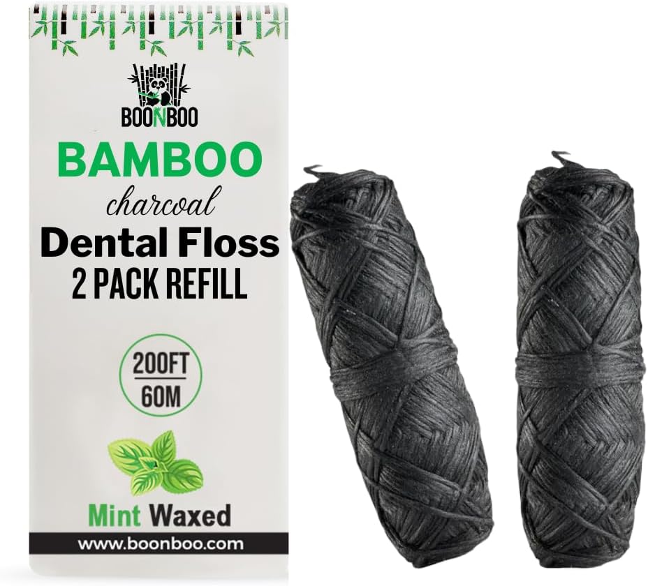 BOONBOO Dental Floss Refill Heads, Charcoal Woven Thread Spools, 2 Pack, 200FT (Mint)