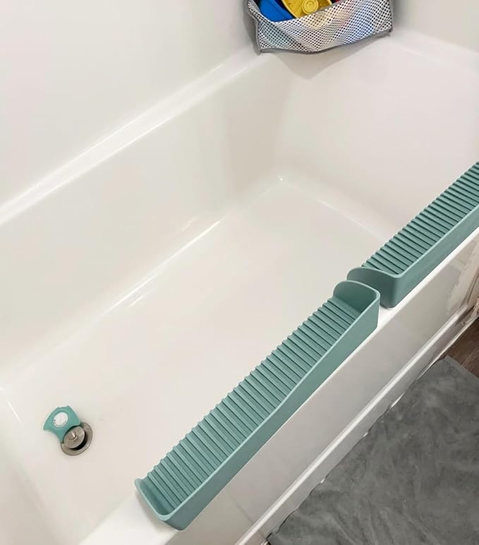 Bathtub Splash Guard for Tub - Silicone Tub Water Splash Guard with 4 Suction Cups, Bath Toy Holder, Tub Play Shelf for Kids, Bathtub Side Splash Guard Tray, Toddler Bathroom Essentials, 1Pack, Aqua