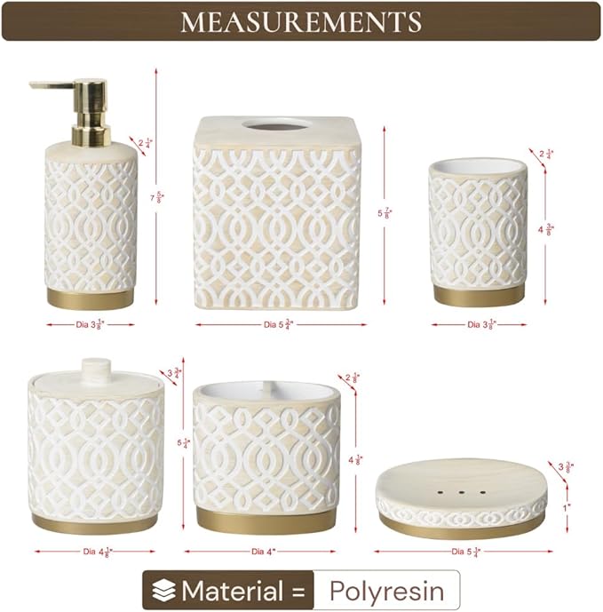 6-Piece Bathroom Accessories Set – Soap Dispenser, Toothbrush Holder, Tumbler, Soap Dish, Cotton Swab Jar & Toilet Brush – Modern Bathroom Decor Set (Solana)