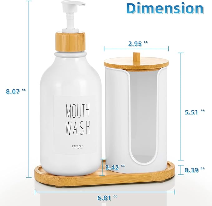 VITVITI Mouthwash Dispenser for Bathroom, Mouth Wash Pump Bottle with Paper Cup Holder, 17Oz Refillable White Mouthwash Container with Bamboo Lid/Tray/Label