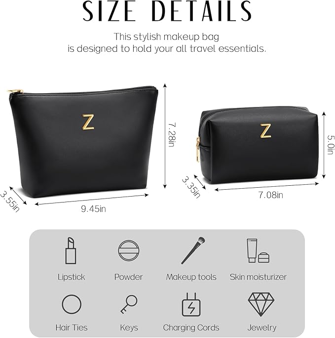 Women Gifts | Initial Makeup Bag Set for Girl Personalized Gifts for Bridesmaid Friend Graduation Teachers PU Leather Cosmetic Travel Toiletry Bag(Black,Z)