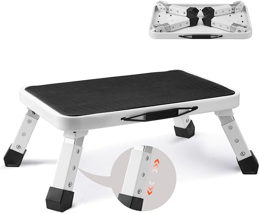 VEVOR 1-Step 330lbs Capacity Folding Steel Step Ladder, Adjustable Height, Non-Slip Sturdy Step Stool for Adults, Toddlers, Offices, RVs, Bathrooms, Bedrooms