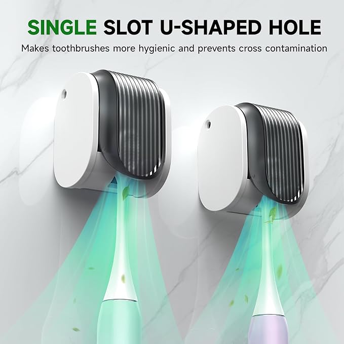 4 Pcs Toothbrush Holders Wall Mounted, Single Slot Design, Shower Self Adhesive Wall Mounted Toothbrush Holder with Cover, Waterproof and Dustproof, Suitable for Bathroom, Family, Travel (Grey)