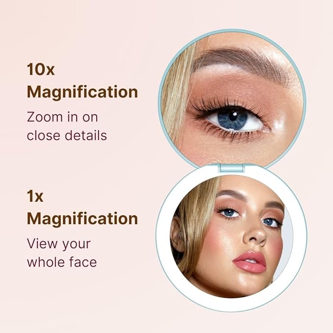Fancii Taylor Rechargeable Compact Makeup Mirror with LED Lights, 10x /1x Magnifying, 3 Light Settings, Large 5” Wide | Travel Mirror for Purses (Soft Sky)