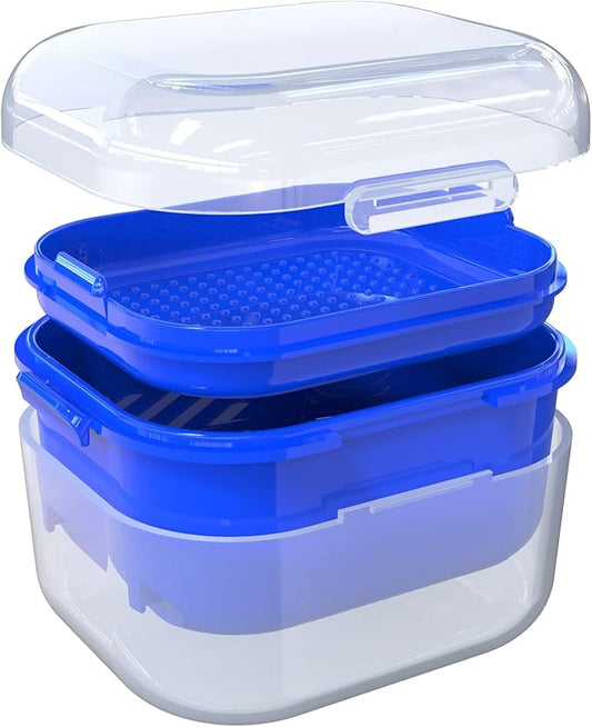 ARGOMAX Denture Case, Denture Cup for Soaking Dentures, Thorough Cleaning of Dentures, Retainer, Clear Braces (Clear Case + Dark Blue Filter and Tray).