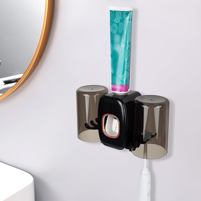 4 Slots Wall Mount Toothbrush Holder with Cover, Self Adhesive Toothbrush Storage Organizer for Shower, Toothbrush Hanger with 2 mouthwash Cups for Bathroom, Medicine Cabinet, Dorm (Black)