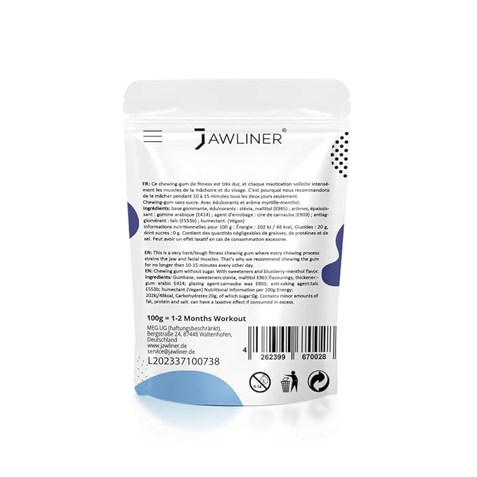 Jawliner® - Pioneers the Toughest Handmade 15x Harder Jawline Gum Includes 12 Weeks Coaching - Sugar-Free Blueberry Ice Chewing Gum - Jawline Exerciser for Mewing & Shaping the Jaw (6 Months Pack)
