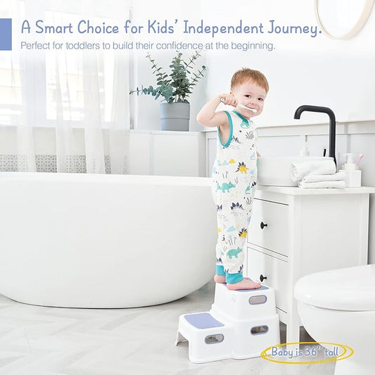 Forbena Kids Step Stool for Bathroom, Two Stepping Stool for Toddlers Toilet Potty Training, Sturdy Children Plastic Step Stool for Bed Bathroom Kitchen Counter Sink (White-Blue)