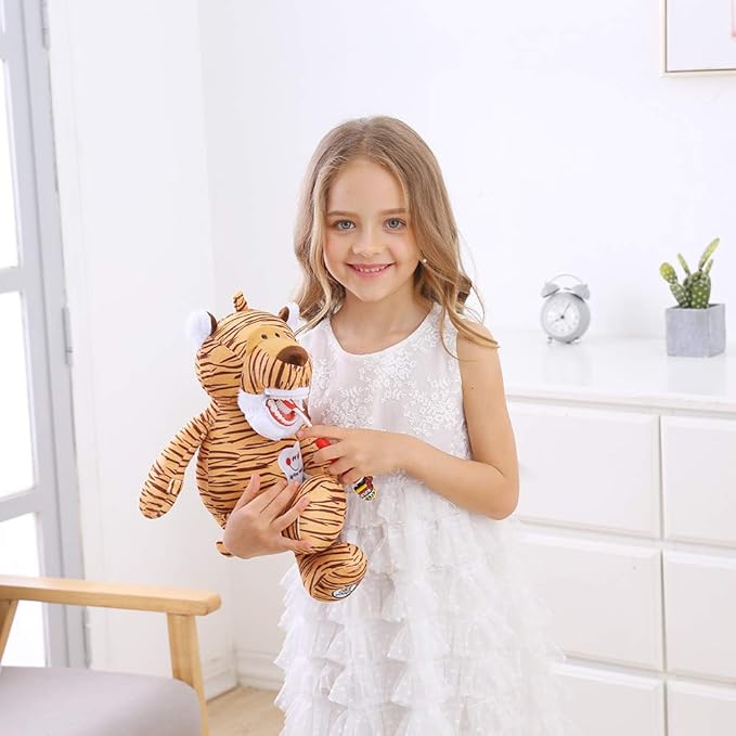 Tooth Fairy Puppet, Puppet Oral Health Presentation Puppet Striped Tiger Tooth Fairy Dental Educational Plush Small Size Doll with Teeth for Kids Chidren Boys Girls