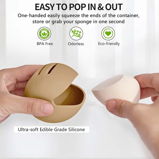 2 Pcs Makeup Sponge Holder,Double-sided Breathable Silicone Beauty Blender Holder for Travel,Shatterproof Make Up Case for All Sponges Sanitary Reuse Easy to Carry,Khaki+Pink