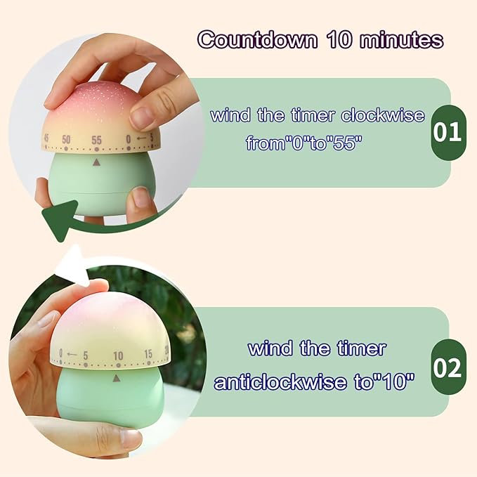 Mechanical Kitchen Timer, Cute Mushroom Timer for Kids, Wind Up 60 Minutes Manual Countdown Timer for Classroom, Home, Study and Cooking (Pink Base)