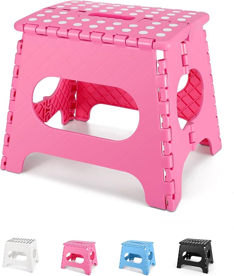 Dyforce Folding Step Stool 11", Durable Kids Step Stool, Heavy Duty Step Stools for Adults, Compact Foot Stools, Light-Weight Toddler Step Stools for Kitchen, Bathroom, Holds Up to 300 lbs (Pink)