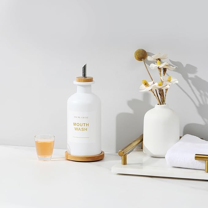 11.8OZ Mouthwash Dispenser for Bathroom with Bamboo & Stainless Steel Pour Spout, Mouthwash Cup Reusable, Bamboo Tray, and Elegant Gold Label. （White