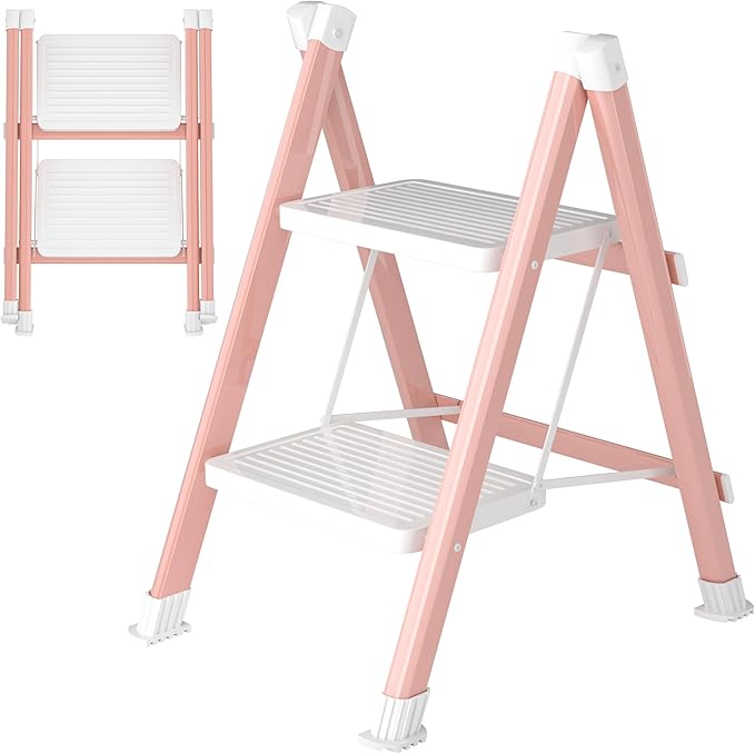 2 Step Ladder, Folding Step Stool with Anti-Slip Wide Pedal, Anti-Slip Feet, Sturdiest Steel Construction, Steel Ladder for Home and Office, Pink White