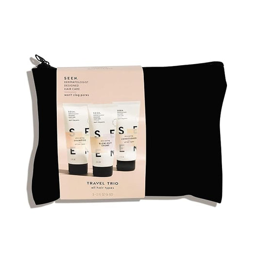 SEEN Travel Trio - Scented - Non-Comedogenic & Blow-Out Hair Cream, Shampoo & Conditioner Set- Reduces Frizz- Heat Protectant- Safe for Sensitive & Acne Prone Skin